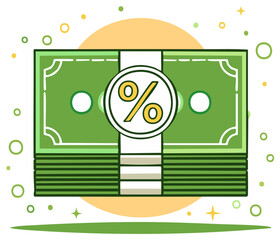 Obraz premium Green money banknotes stack with yellow percentage sign illustrating financial interest, discount, savings