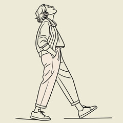 Stylish young person walking with hands in pockets looking up with a thoughtful expression rendered in a minimalist line art style with a subtle blush pink accent