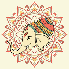 Stylized illustration of lord ganesha s head adorned with an ornate colorful mandala pattern against a pale yellow background symbolizing spirituality and good fortune