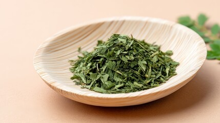 loose leaf herbal blend in compostable wrapping made of cornstarch-based wrap, placed on recycled paper flat lay, diffused eco-style lighting, beige and soft white, close-up product photography,