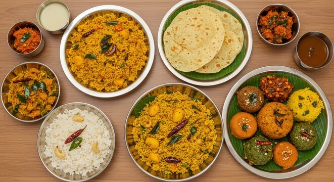 Overhead shot of assorted indian dishes including rice bread and various vegetable preparations on plates