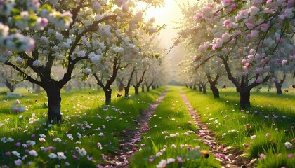 Sunlit path through a blooming apple orchard in springtime with delicate pink and white blossoms and lush green grass covered in wildflowers