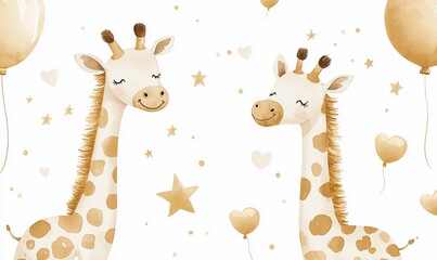 Fototapeta premium Cute giraffes, balloons, and stars