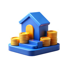 3d blue house and stacks of gold coins symbolizing real estate investment success transparent background