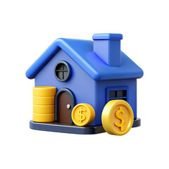 3d blue house with golden coins represents real estate investment and financial growth transparent background