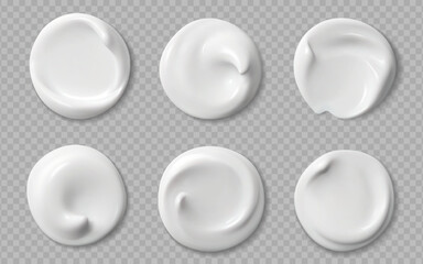 Realistic skincare white cream or cosmetic swatch of makeup smears, vector set. White cream swatch with glossy creamy texture of lotion gel drops or facial mask, skincare makeup and moisturizer