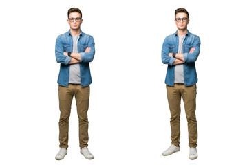 Young man in denim shirt and khakis poses confidently with arms crossed full body transparent background