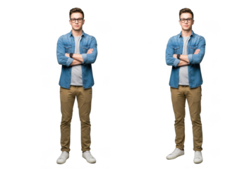 Young man in denim shirt and khakis poses confidently with arms crossed full body transparent background