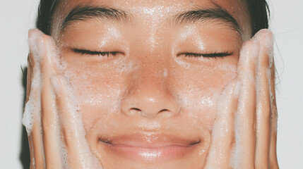 Young female with joyful expression is washing her face, surrounded by foam soap. image captures essence of skincare and self care, highlighting fresh and clean appearance