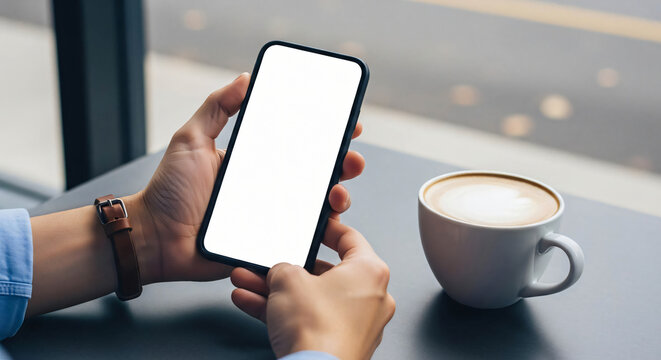 Person Holding Smartphone With Blank Screen Next To Coffee Cup Ideal for Mockups