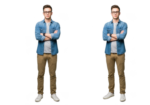 Young man in denim shirt and khakis poses confidently with arms crossed full body transparent background