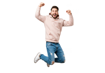 Excited man jumps with joy wearing hoodie and jeans celebrating success transparent background