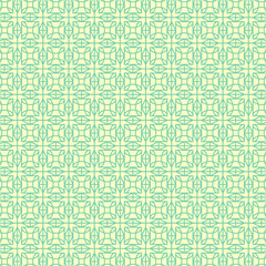 Seamless geometric pattern with elegant interlocking shapes in a soothing pale yellow and teal color palette, ideal for backgrounds and design elements