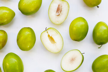 Green jujube fruits on white background.