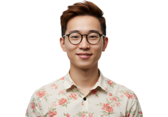 Young Asian man wearing glasses and a floral shirt, smiling confidently in a studio portrait