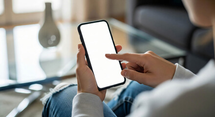 Close up of a person s hand holding a smartphone with a blank white screen user touching and interacting with the mobile device modern technology concept home setting