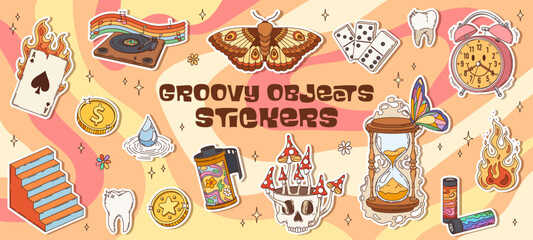 Retro hippie groovy stickers pack. Vector y2k playing cards, coins, flames, skull, clock, mushrooms, moth, film, stairs, hourglass, lighters with 60s 70s psychedelic vibe and playful cartoon aesthetic