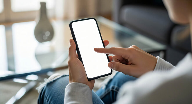 Close up of a person s hand holding a smartphone with a blank white screen user touching and interacting with the mobile device modern technology concept home setting