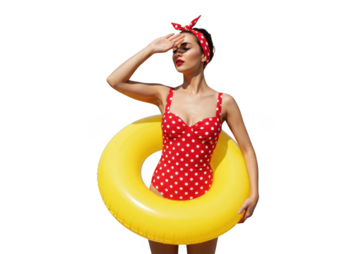 Woman in polka dot swimsuit with float on transparent background - Powered by Adobe