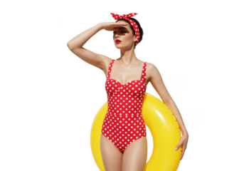 Woman in polka dot swimwear with float on transparent background