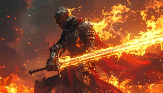 A knight, clad in gleaming armor, wields a flaming sword against a backdrop of fiery chaos and stormy clouds, ready for battle - Powered by Adobe