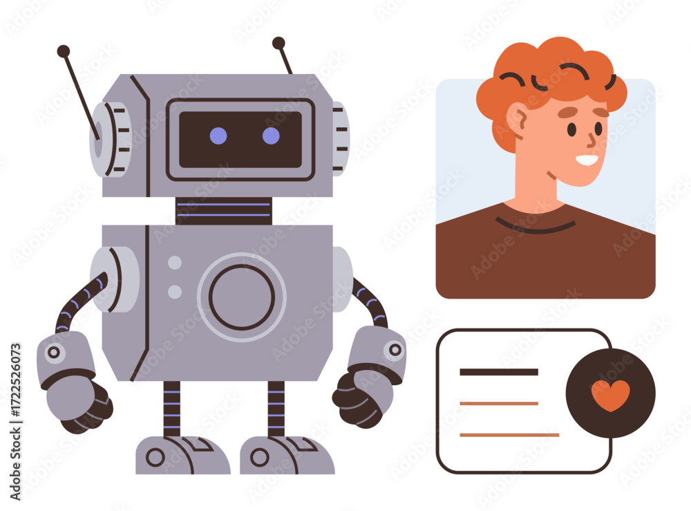 Poster retro-styled robot next to human profile picture and minimal digital interface element with heart ic