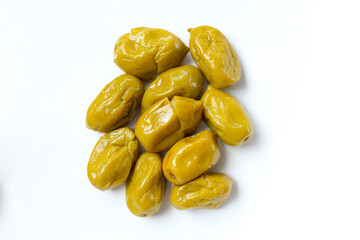 Pickled olives with a salty and slightly sour taste.