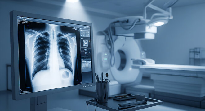 Modern radiology diagnostic room with CT scanner and chest X-ray on screen