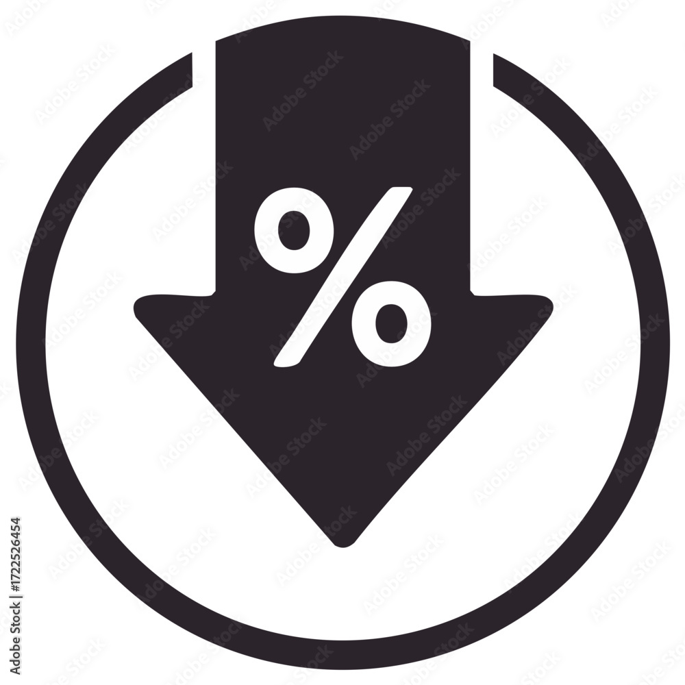 Poster dark arrow with percentage symbol pointing down inside a circle graphic icon for financial decline o