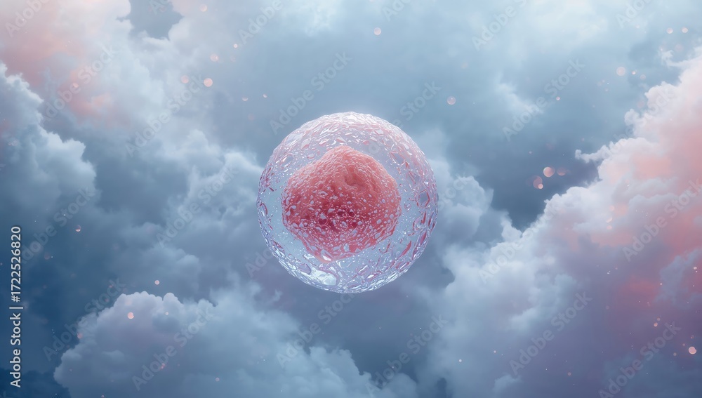 Poster an abstract representation of a cell floating amidst softly colored clouds in a dreamy atmosphere