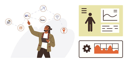 Professional analyzing icons of smart home, transport, and connectivity with data charts nearby. Ideal for technology, management, data, innovation, connectivity, smart systems and networks themes