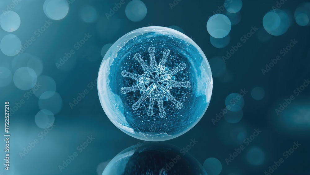 Poster a blue sphere reflecting light and creating a bokeh effect with sparkling particles inside