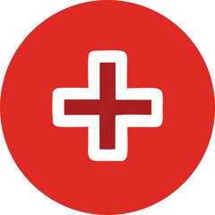 Simple red circle icon with white bordered plus symbol representing healthcare and medical assistance