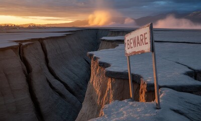 A dramatic landscape photograph captures a deep canyon with a warning sign, showcasing the dramatic geological features and a sunrise sky.