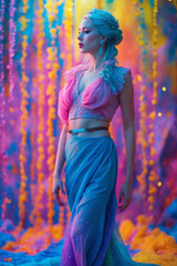 Dynamic celebration look for woman in colorful festive fashion scene wallpaper background
