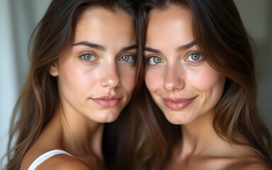 two beautiful sensual young girls with clear fresh young face skin. High quality