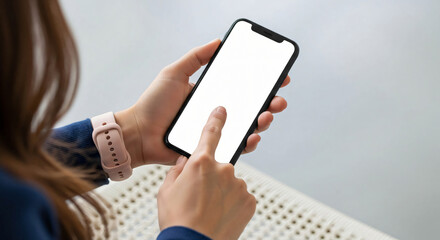 Close up of a woman s hands holding and touching a blank white screen smartphone mockup digital technology communication user interface concepts