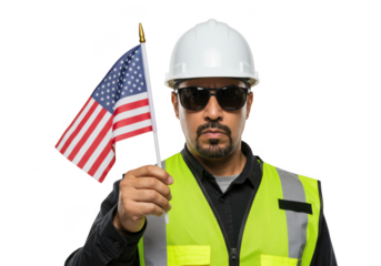 Man in hardhat holding american flag on transparent background