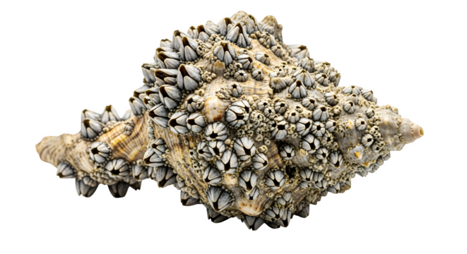 Closeup of a sea snail shell covered in barnacles, showcasing the symbiotic relationship and unique texture of marine life isolated on transparent background