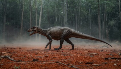 A dinosaur walking on a forest floor under soft rain with mist, surrounded by lush greenery