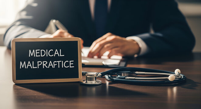 Lawyer reviews medical malpractice case details with stethoscope nearby