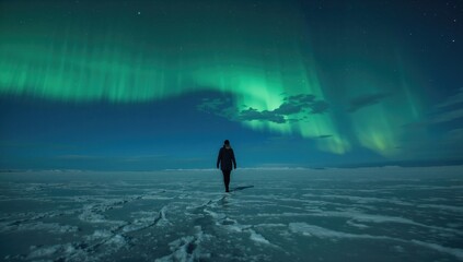 Fototapeta premium A lone figure walking on a frozen landscape under the vibrant aurora borealis illuminating the night sky