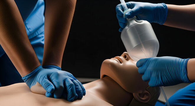 Medical professionals practice CPR and ventilation techniques on training dummy