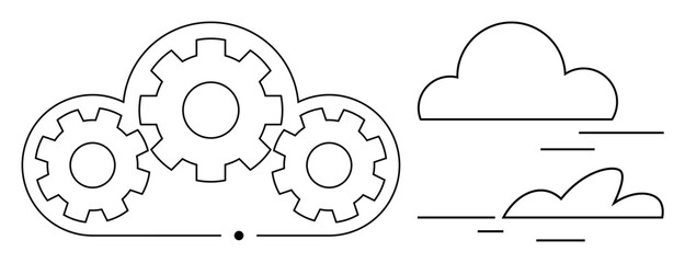 Three interlocking gears within a cloud shape accompanied by abstract sky elements. Ideal for cloud computing, teamwork, technology, automation, data processing, innovation, simple flat metaphor