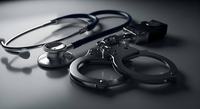 Medical malpractice and crime concept stethoscope and handcuffs close up