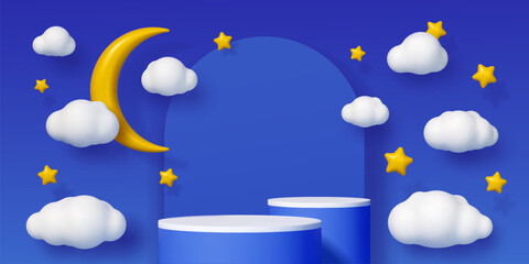 Kids podium stage with midnight moon, stars and clouds in sky, vector product display. Kids podium stand on blue background with platforms in dream clouds, moon and stars for baby bedtime good night