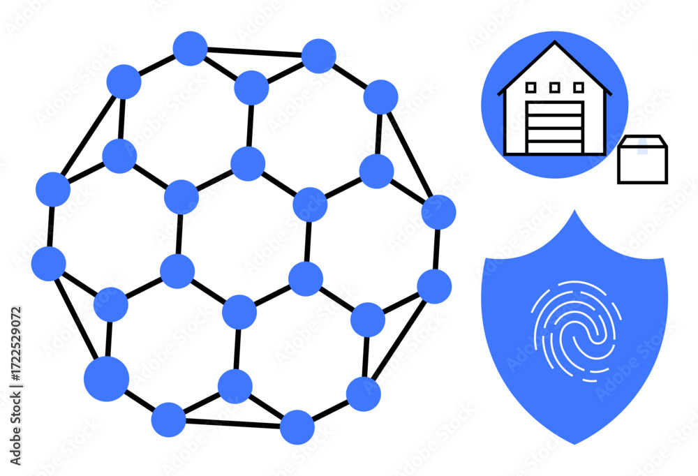 Aufkleber sphere-shaped blockchain network with interconnected nodes, shield with fingerprint, and storage dep