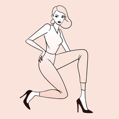 Vector line art of female legs in fashionable pose.