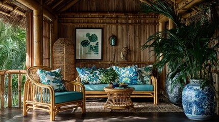 Bamboo cabana has rattan furniture and tropical prints, relaxed atmosphere. Image is great for decorating or vacation related projects or advertisements.