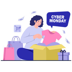 Person unpacking a box with clothes shopping bags and money